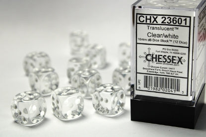 Translucent - Clear w/White - 16mm d6 Dice Block (12 dice)