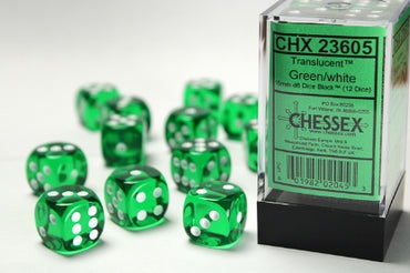 Translucent - Green w/White - 16mm d6 Dice Block (12 dice)