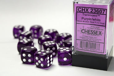Translucent - Purple w/White - 16mm d6 Dice Block (12 dice)