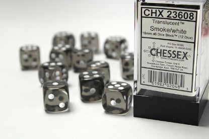 Translucent - Smoke w/White - 16mm d6 Dice Block (12 dice)