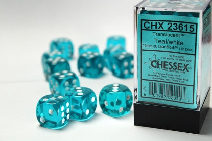 Translucent - Teal w/White - 16mm d6 Dice Block (12 dice)