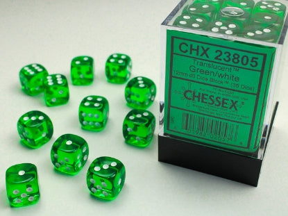 Translucent - Green w/White - 12mm d6 Dice Bloack (36 dice)