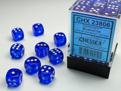 Translucent - Blue w/White - 12mm d6 Dice Bloack (36 dice)