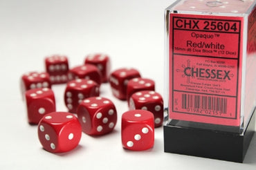 Opaque - Red w/White - 16mm d6 Dice Block (12 dice)