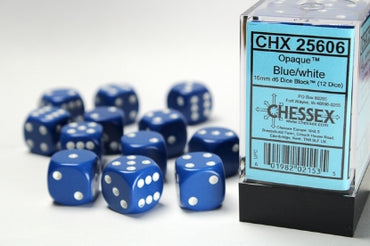 Opaque - Blue w/White - 16mm d6 Dice Block (12 dice)