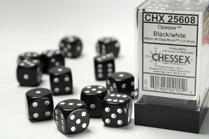 Opaque - Black w/White - 16mm d6 Dice Block (12 dice)