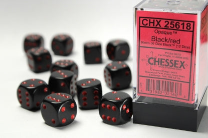 Opaque - Black w/Red - 16mm d6 Dice Block (12 dice)
