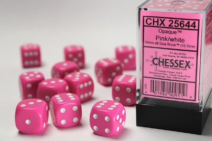 Opaque - Pink w/White - 16mm d6 Dice Block (12 dice)