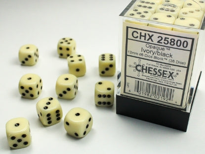 Opaque Ivory w/Black 12mm d6 Dice Block (36 dice)