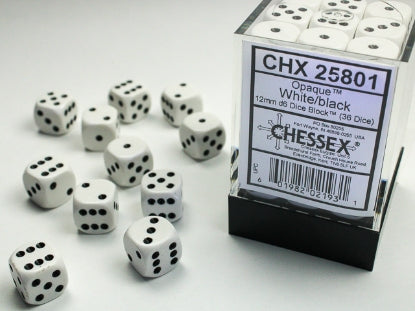 Opaque White w/Black 12mm d6 Dice Block (36 dice)