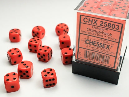 Opaque Orange w/Black 12mm d6 Dice Block (36 dice)