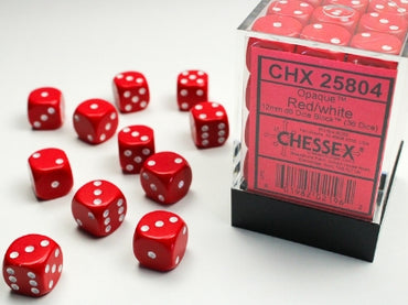 Opaque Red w/White 12mm d6 Dice Block (36 dice)