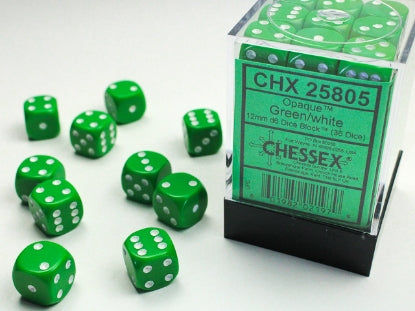 Opaque Green w/White 12mm d6 Dice Block (36 dice)