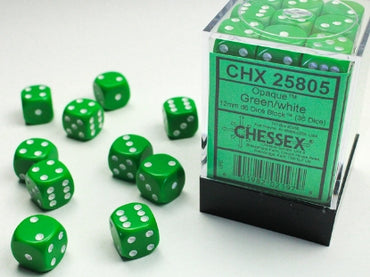 Opaque Green w/White 12mm d6 Dice Block (36 dice)