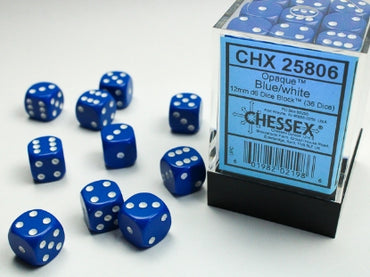 Opaque Blue w/White 12mm d6 Dice Block (36 dice)