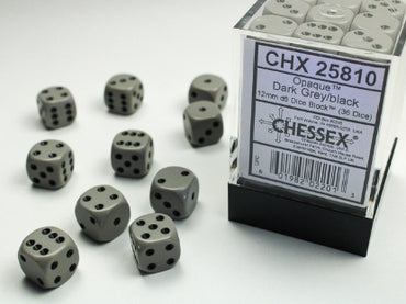 Opaque Dark Grey w/Black 12mm d6 Dice Block (36 dice)