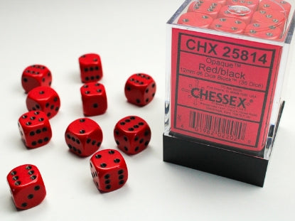 Opaque Red w/Black 12mm d6 Dice Block (36 dice)