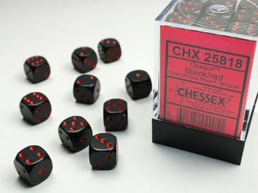 Opaque Black w/Red 12mm d6 Dice Block (36 dice)