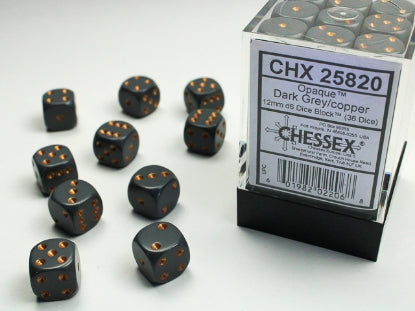 Opaque Dark Grey w/Copper 12mm d6 Dice Block (36 dice)
