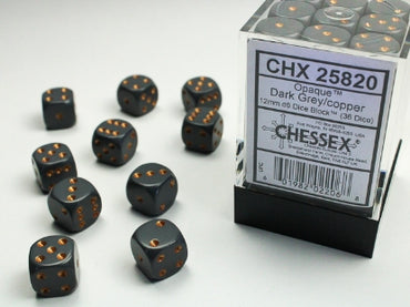 Opaque Dark Grey w/Copper 12mm d6 Dice Block (36 dice)