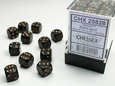 Opaque Black w/Gold 12mm d6 Dice Block (36 dice)
