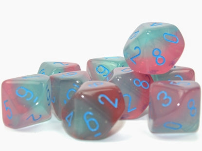 Gemini - Gel Green-Pink w/Blue Luminary - Set of Ten d10s