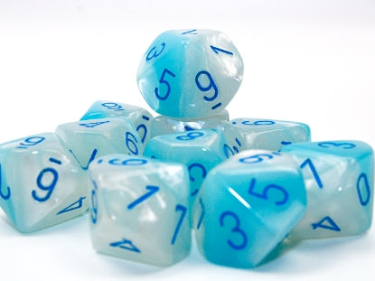 Gemini - Pearl Turquoise-White w/Blue Luminary - Set of Ten d10s