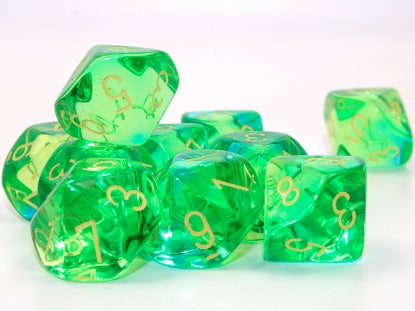 Gemini - Translucent Green-Teal w/Yellow - Set of Ten d10s