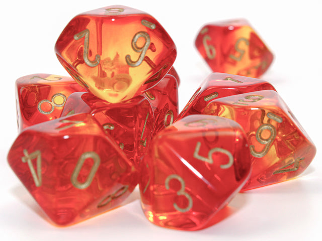 Gemini - Translucent Red-Yellow w/Gold - Set of Ten d10s
