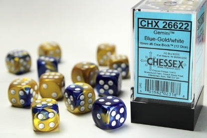 Gemini - Blue-Gold w/White - 16mm d6 Dice Block (12 dice)