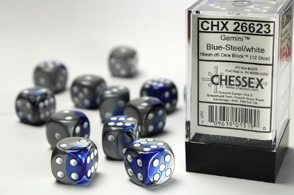 Gemini - Blue-Steel w/White - 16mm d6 Dice Block (12 dice)
