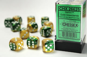 Gemini - Gold-Green w/White - 16mm d6 Dice Block (12 dice)