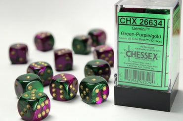 Gemini - Green-Purple w/Gold - 16mm d6 Dice Block (12 dice)