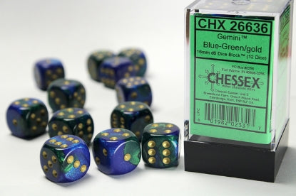 Gemini - Blue-Green w/Gold - 16mm d6 Dice Block (12 dice)