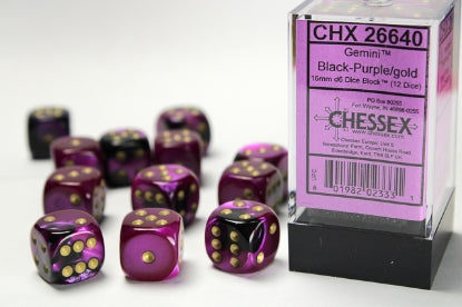 Gemini - Black-Purple w/Gold - 16mm d6 Dice Block (12 dice)