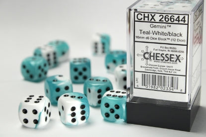 Gemini - Teal-White w/Black - 16mm d6 Dice Block (12 dice)