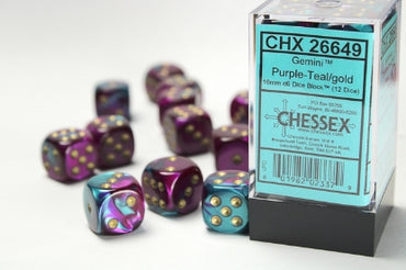 Gemini - Purple-Teal w/Gold - 16mm d6 Dice Block (12 dice)