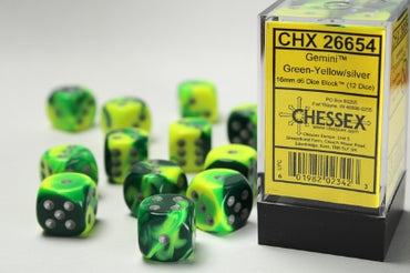 Gemini - Green-Yellow w/Silver - 16mm d6 Dice Block (12 dice)