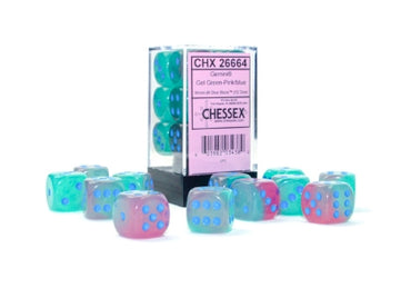 Gemini - Gel Green-Pink w/Blue Luminary - 16mm d6 Dice Block (12 dice)