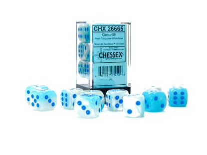 Gemini - Pearl Turquoise-White w/Blue Luminary - 16mm d6 Dice Block (12 dice)