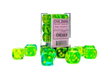 Gemini - Translucent Green-Teal w/Yellow - 16mm d6 Dice Block (12 dice)