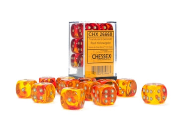 Gemini - Translucent Red-Yellow w/Gold - 16mm d6 Dice Block (12 dice)