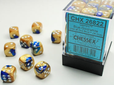 Gemini - Blue-Gold w/White - 12mm d6 Dice Block (36 dice)