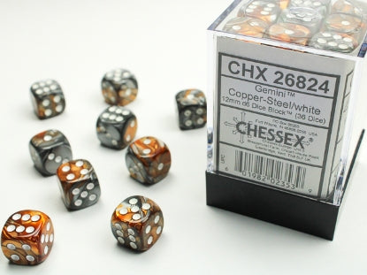 Gemini - Copper-Steel w/White - 12mm d6 Dice Block (36 dice)