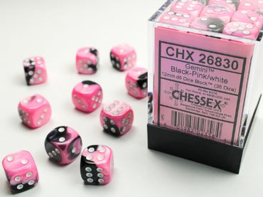 Gemini - Black-Pink w/White - 12mm d6 Dice Block (36 dice)