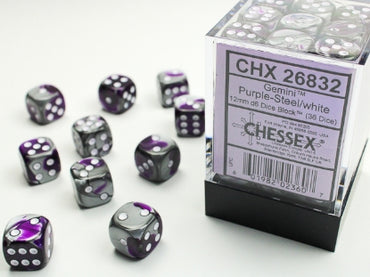 Gemini - Purple-Steel w/White - 12mm d6 Dice Block (36 dice)