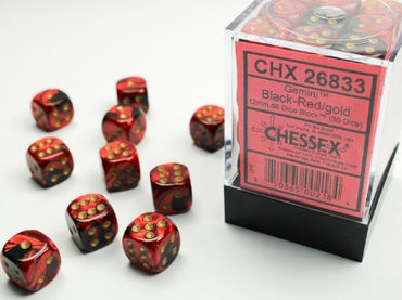 Gemini - Black-Red w/Gold - 12mm d6 Dice Block (36 dice)