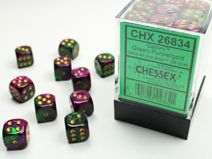 Gemini - Green-Purple w/Gold - 12mm d6 Dice Block (36 dice)
