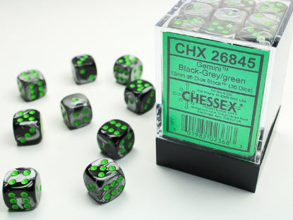 Gemini - Black-Grey w/Green - 12mm d6 Dice Block (36 dice)