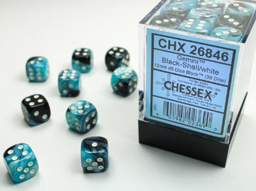 Gemini - Black-Shell w/White - 12mm d6 Dice Block (36 dice)